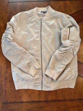 Beige Bomber Jacket - Men's Zip-Up Varsity Style